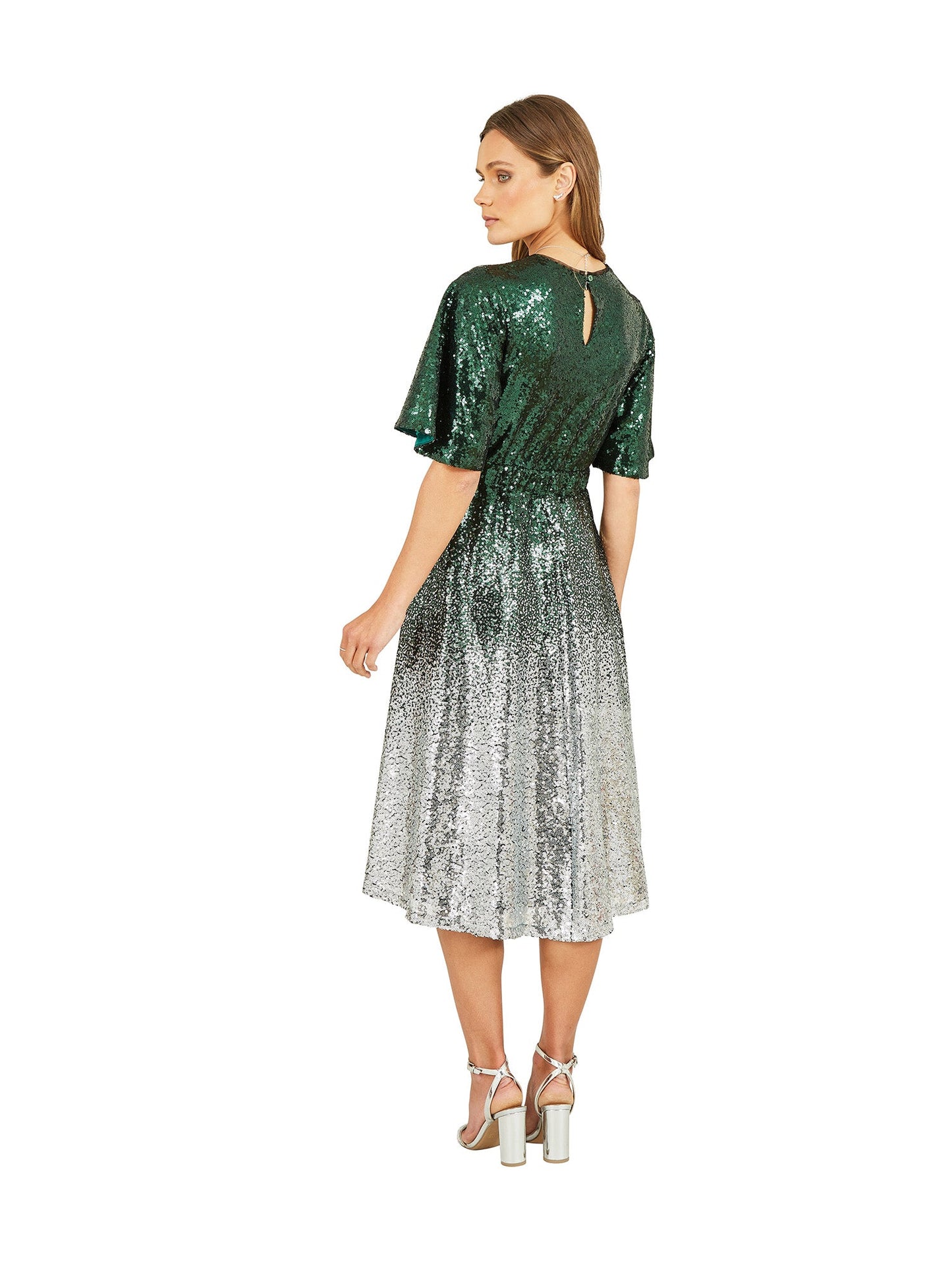 Yumi Green and Silver Ombre Sequin Midi Wrap Dress