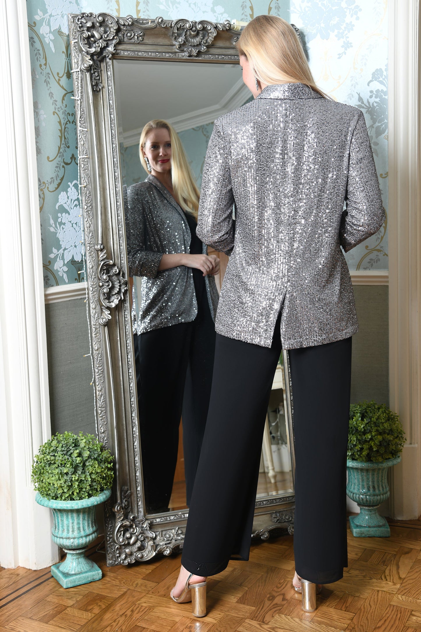 Silver Sequin Blazer With Pockets