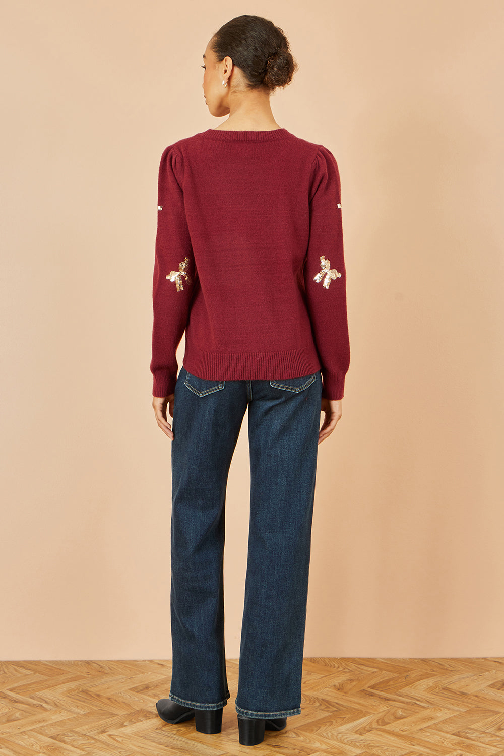 Yumi Burgundy Sequin All Over Applique Bow Knitted Jumper