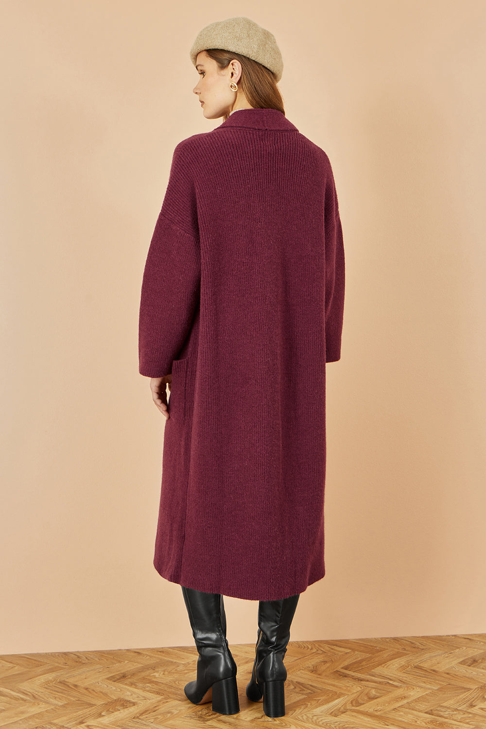 Yumi Burgundy Knitted Maxi Cardigan With Pockets