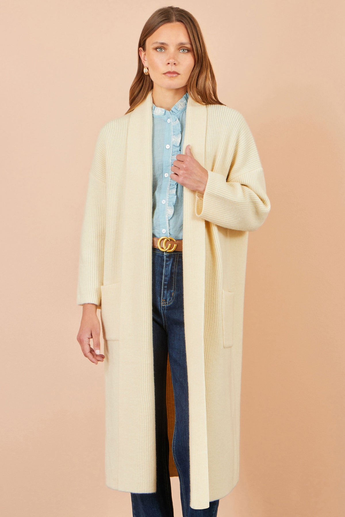 Yumi Ivory Knitted Maxi Cardigan With Pockets
