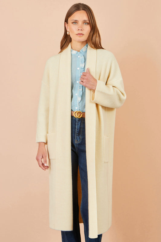 Yumi Ivory Knitted Maxi Cardigan With Pockets