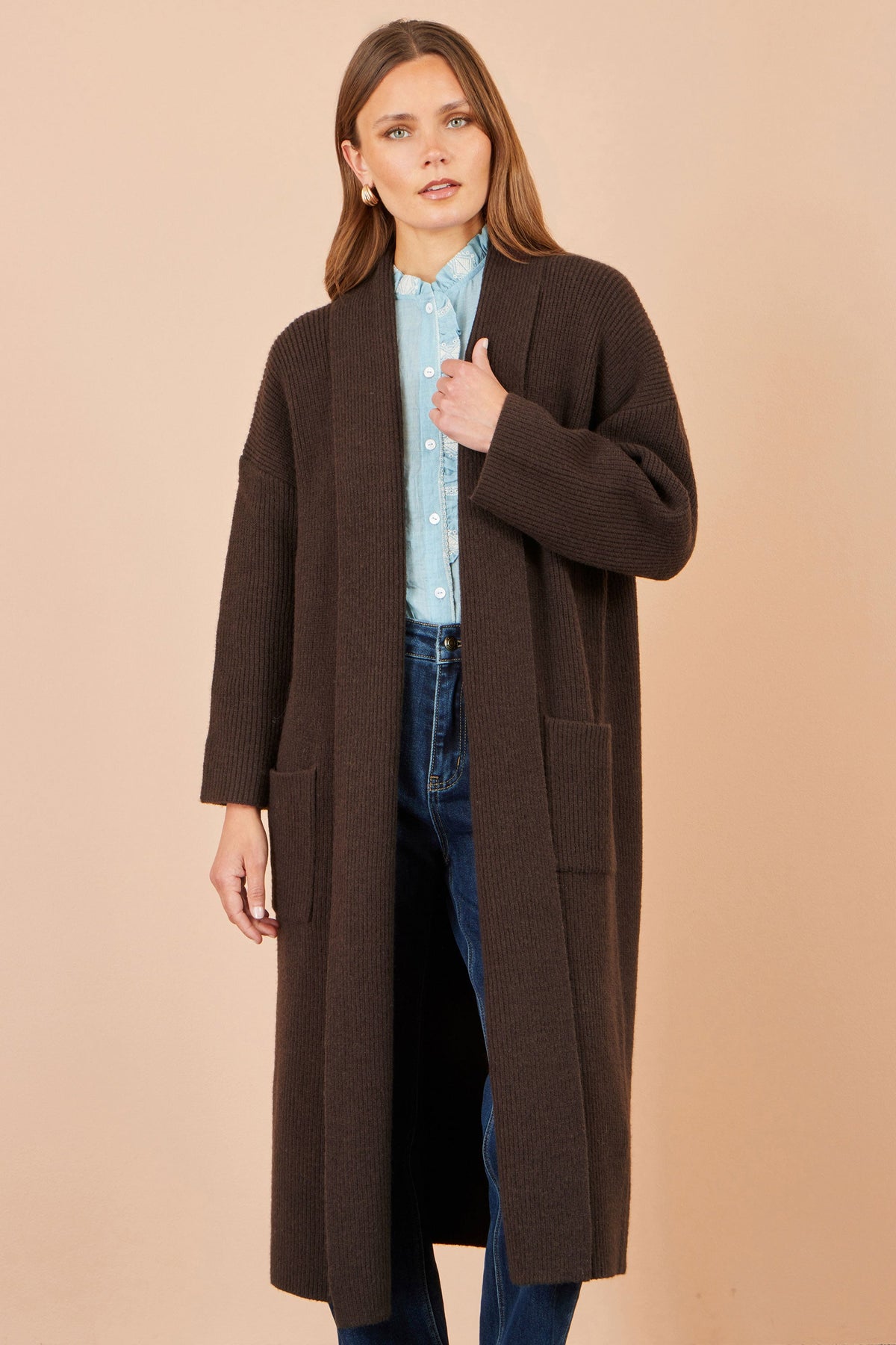 Yumi Brown Knitted Maxi Cardigan With Pockets