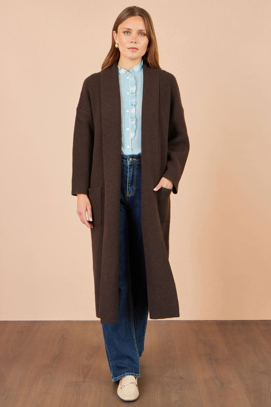 Yumi Brown Knitted Maxi Cardigan With Pockets
