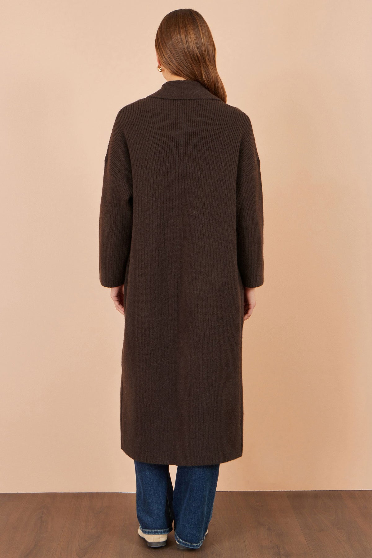 Yumi Brown Knitted Maxi Cardigan With Pockets