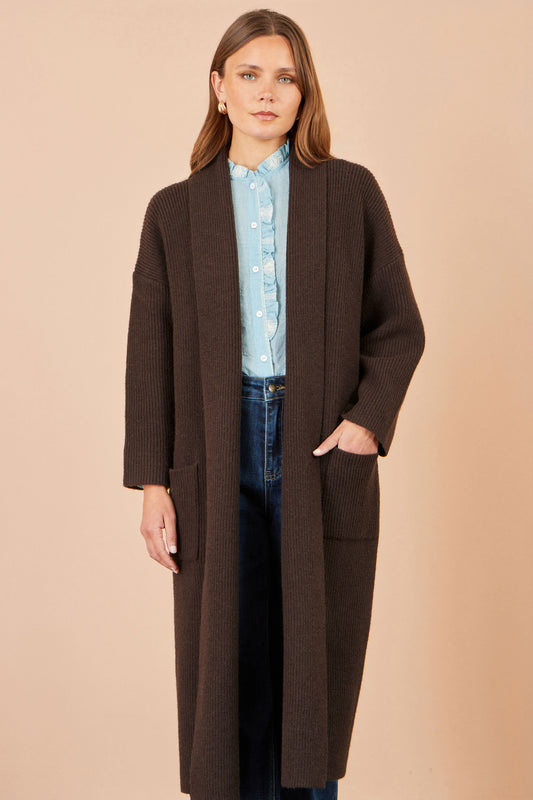 Yumi Brown Knitted Maxi Cardigan With Pockets