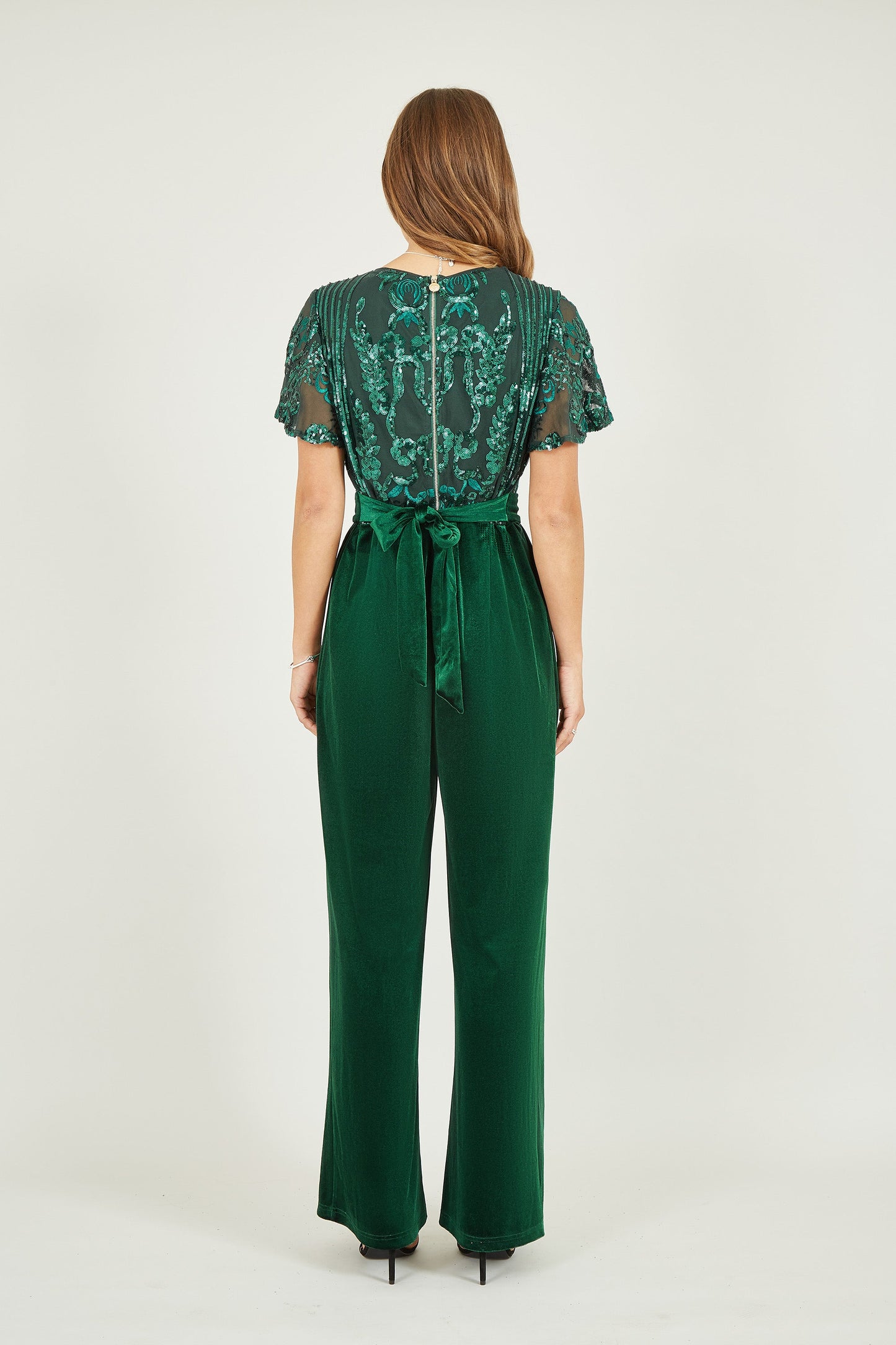 Yumi Green Sequin Embellished Velvet Jumpsuit With Angel Sleeves