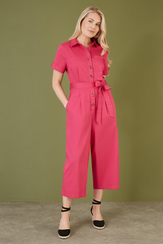 Yumi Pink Viscose Twill Button Up Utility Style Jumpsuit