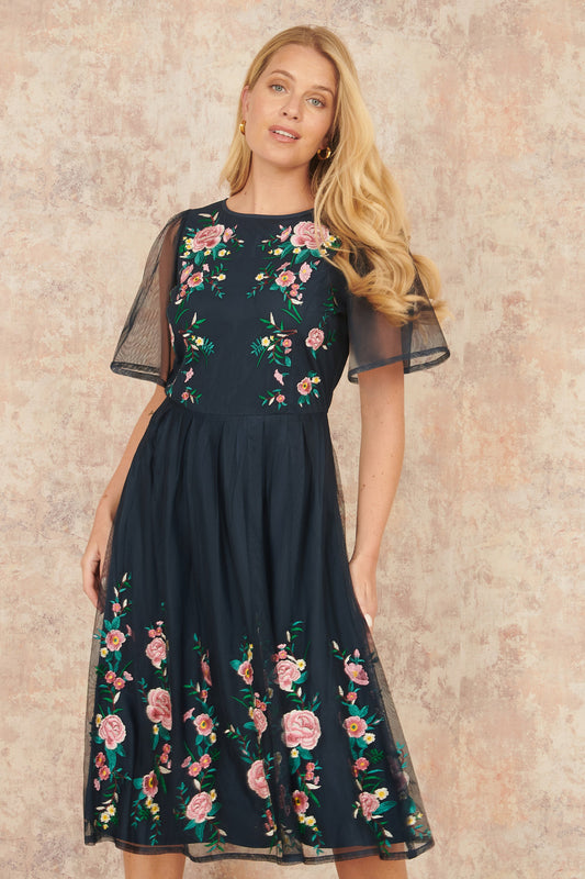 Yumi Navy Embroidered Sleeve Prom Skater Dress