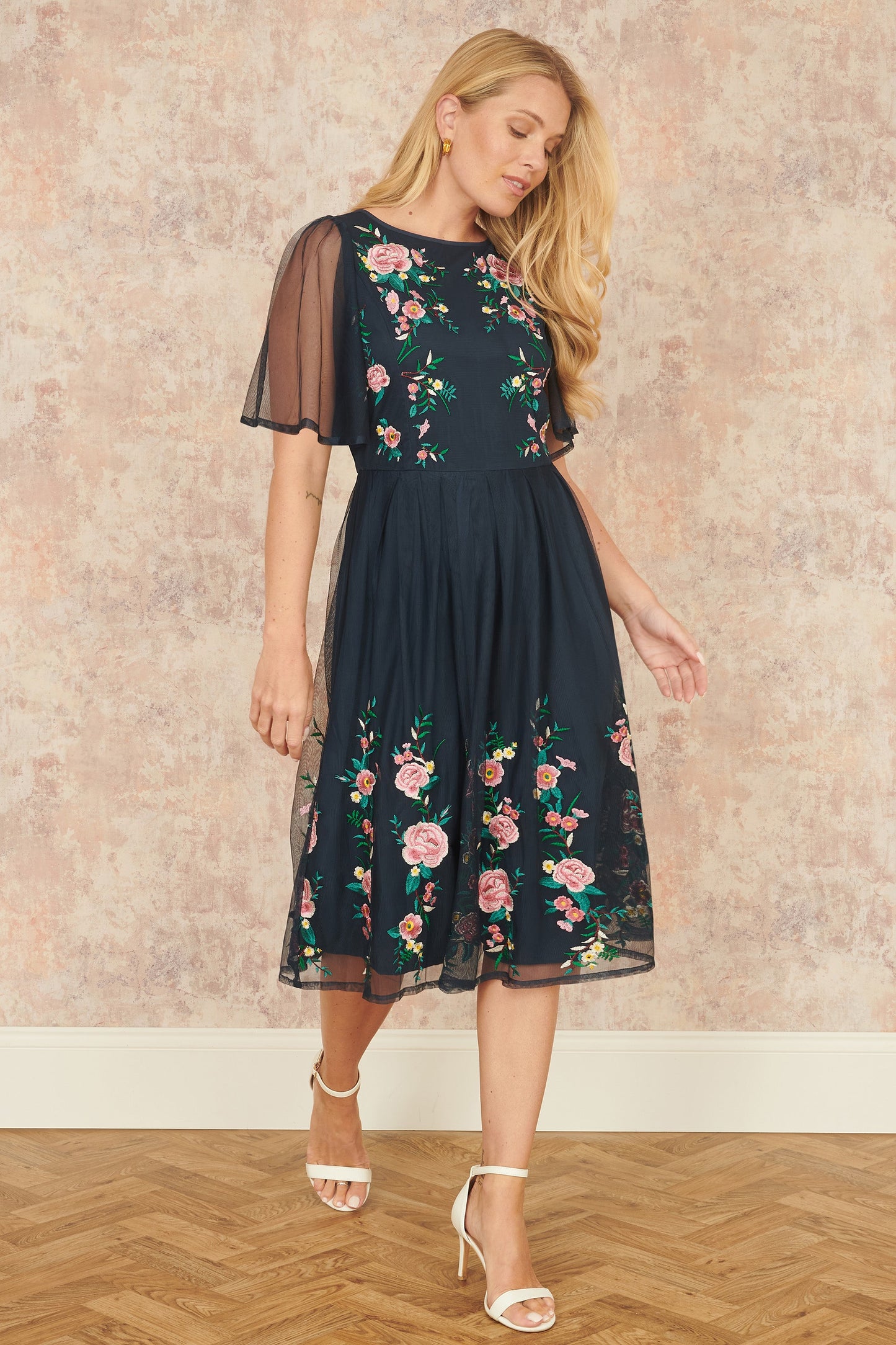 Yumi Navy Embroidered Sleeve Prom Skater Dress