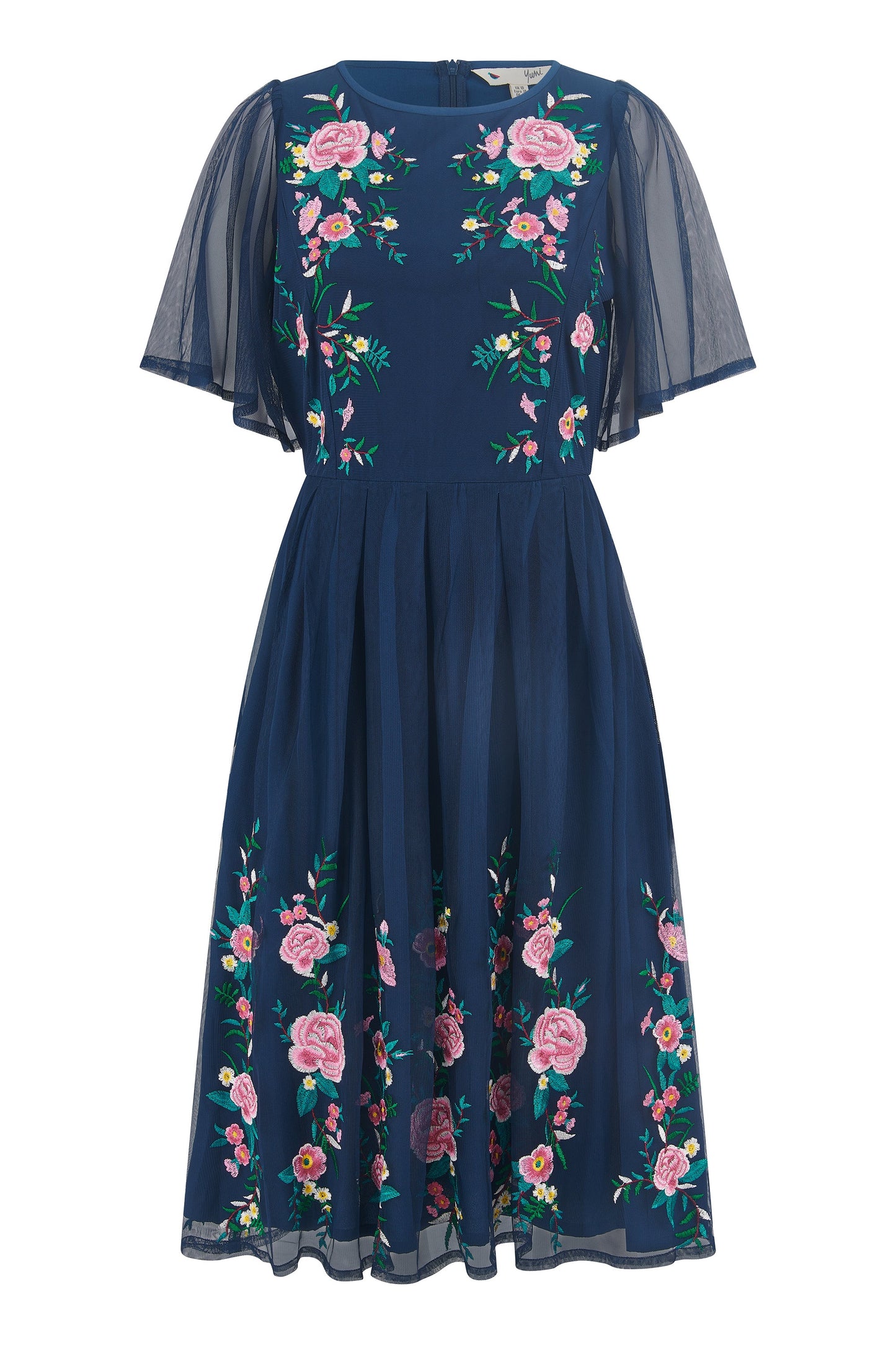 Yumi Navy Embroidered Sleeve Prom Skater Dress