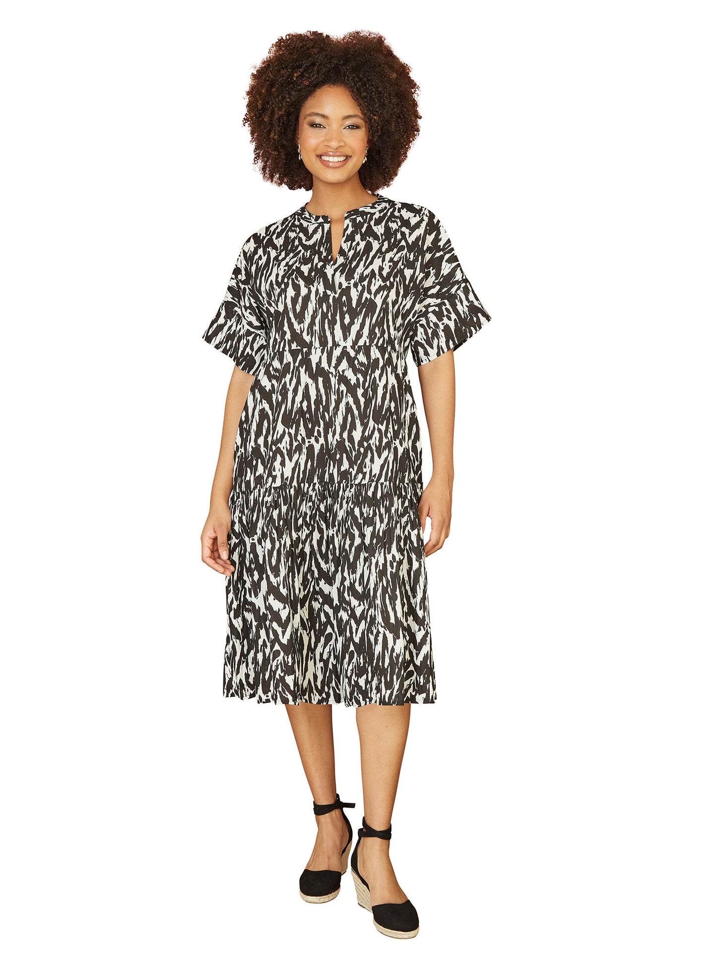 Yumi Black Organic Cotton Animal Print Tiered Tunic Dress