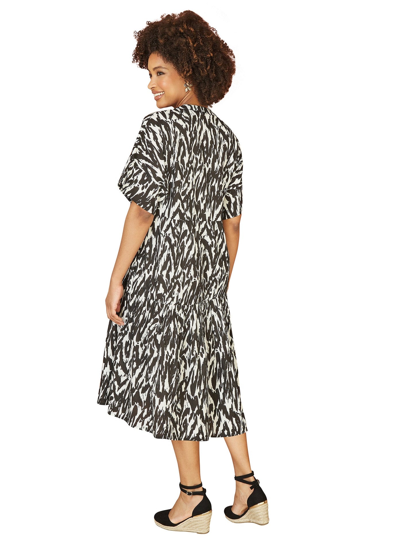 Yumi Black Organic Cotton Animal Print Tiered Tunic Dress