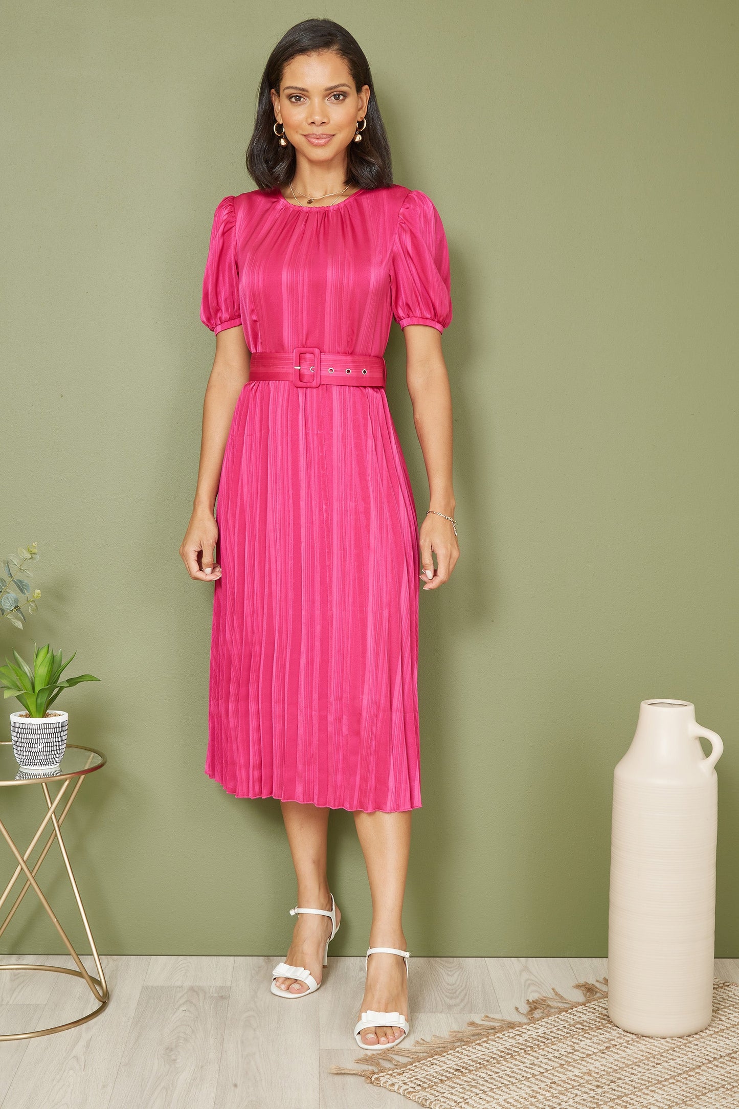 Yumi Pink Satin Striped Midi Dress With Pleats and Matching Belt