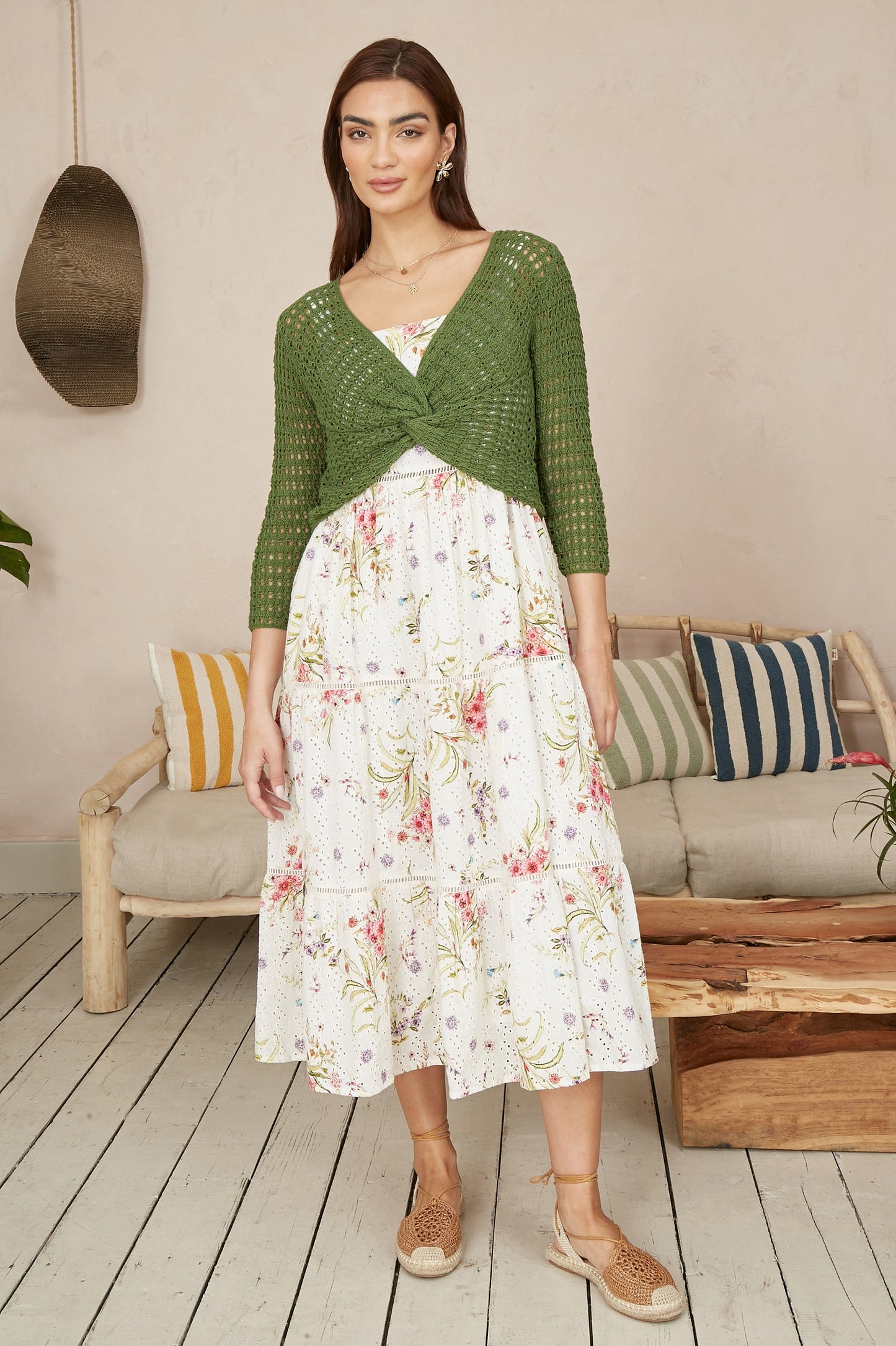 Yumi Green Cotton Crochet Twisted Bolero Top