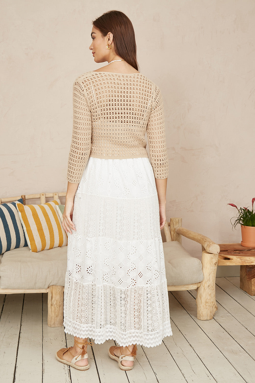 Yumi Beige Cotton Crochet Knitted Top