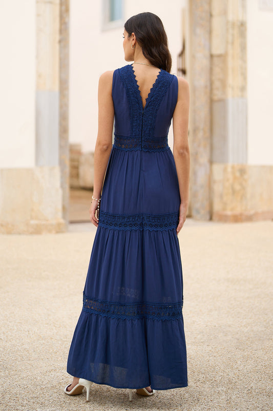Yumi Navy Lace Trim Cotton Midi Sun Dress