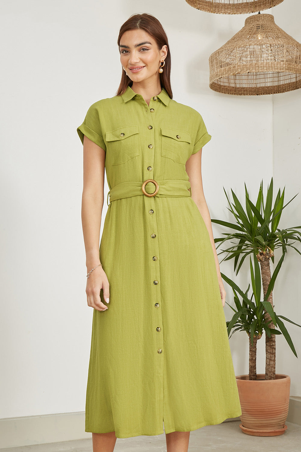 Yumi Green Viscose Linen Look Midi Shirt Dress With Wooden Belt