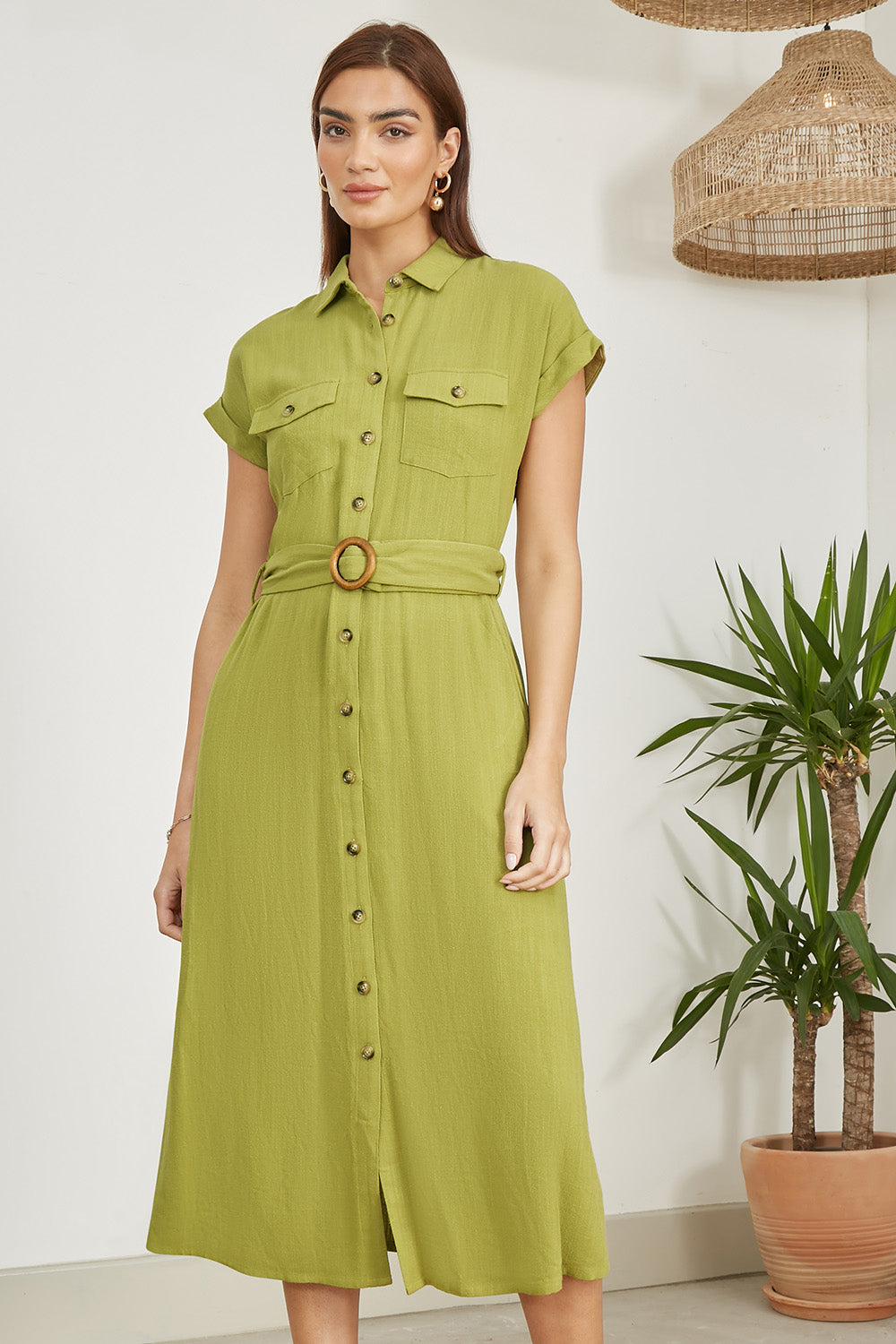 Yumi Green Viscose Linen Look Midi Shirt Dress With Wooden Belt