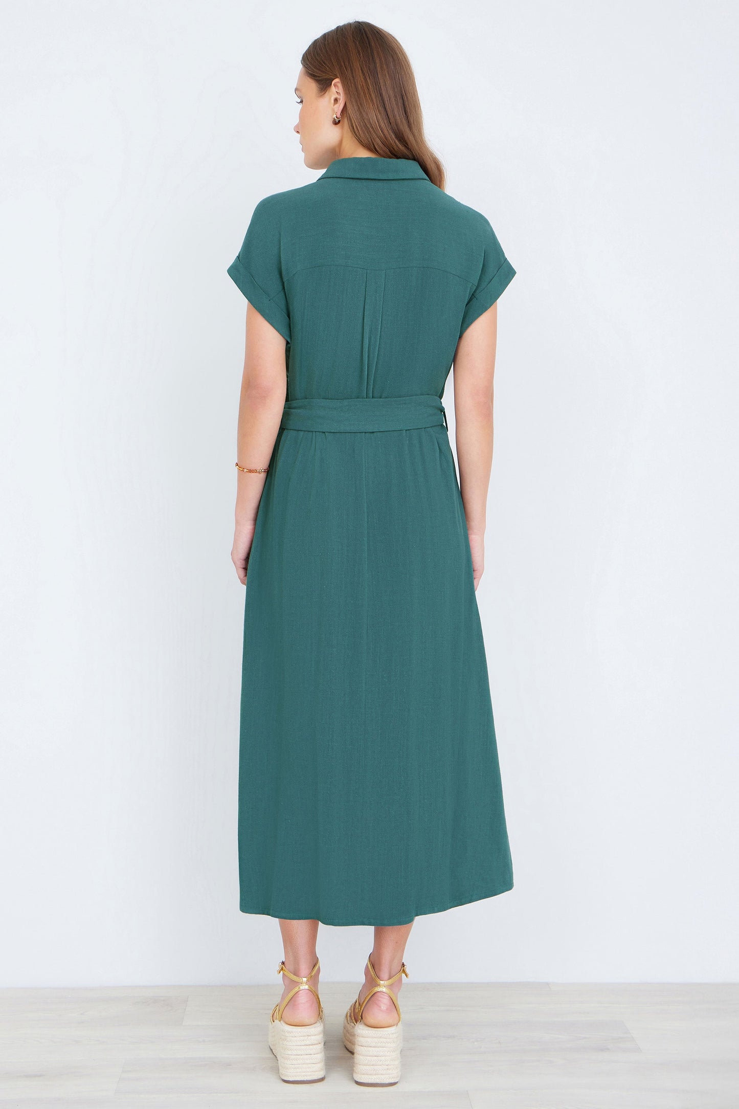 Yumi Green Viscose Linen Look Midi Shirt Dress With Wooden Belt