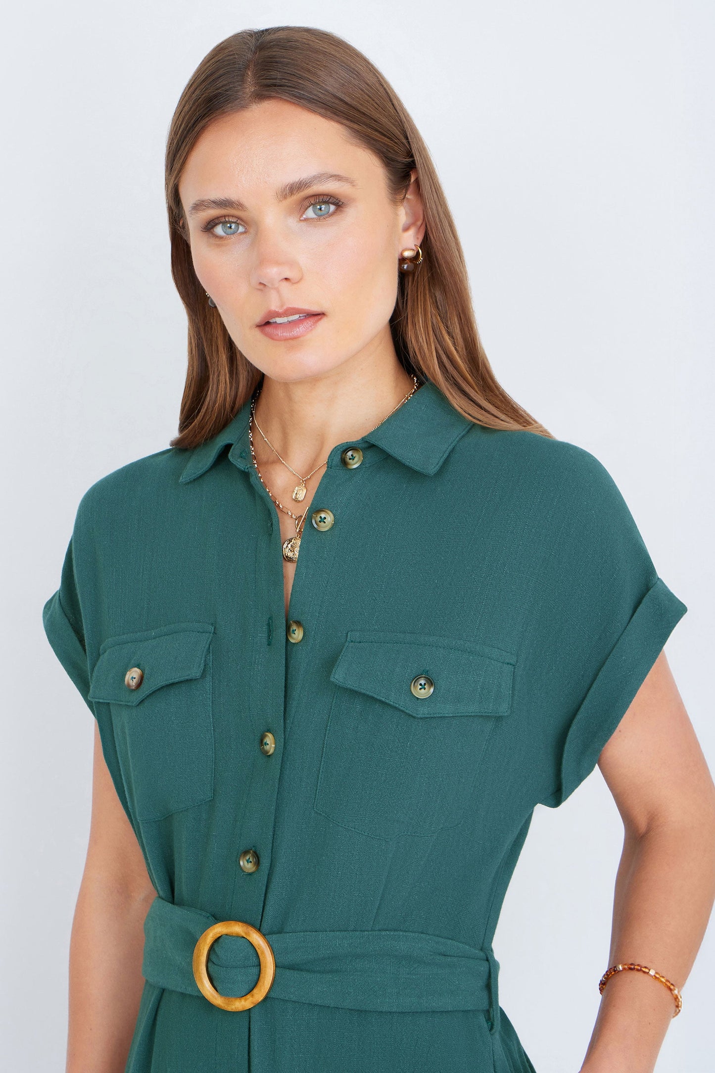 Yumi Green Viscose Linen Look Midi Shirt Dress With Wooden Belt