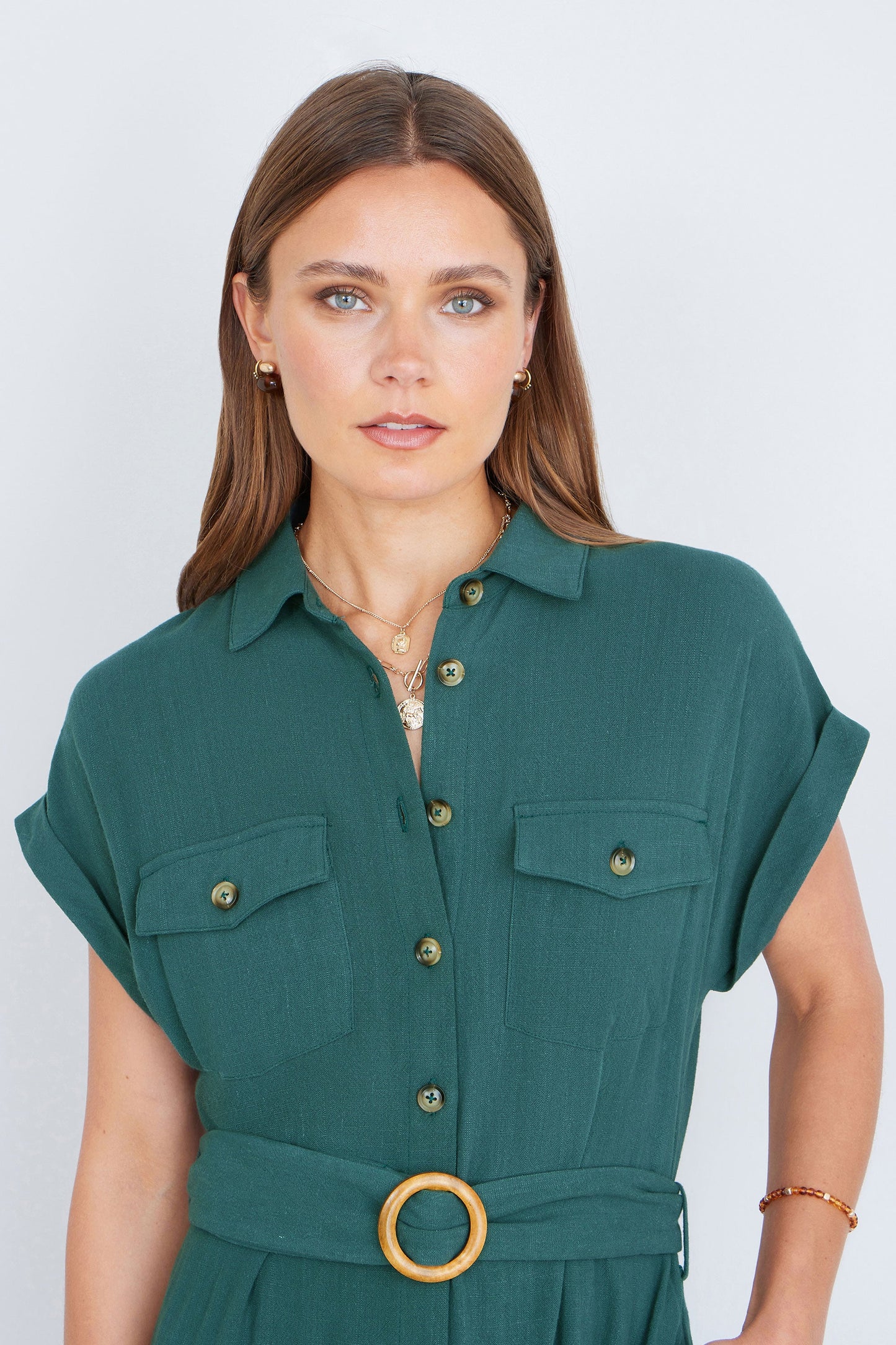 Yumi Green Viscose Linen Look Midi Shirt Dress With Wooden Belt