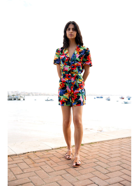 Yumi Multicolour Tropical Leaf Print Playsuit