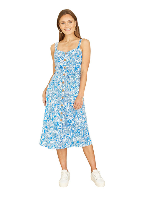 Yumi Blue Paisley leaf Print Midi Sundress