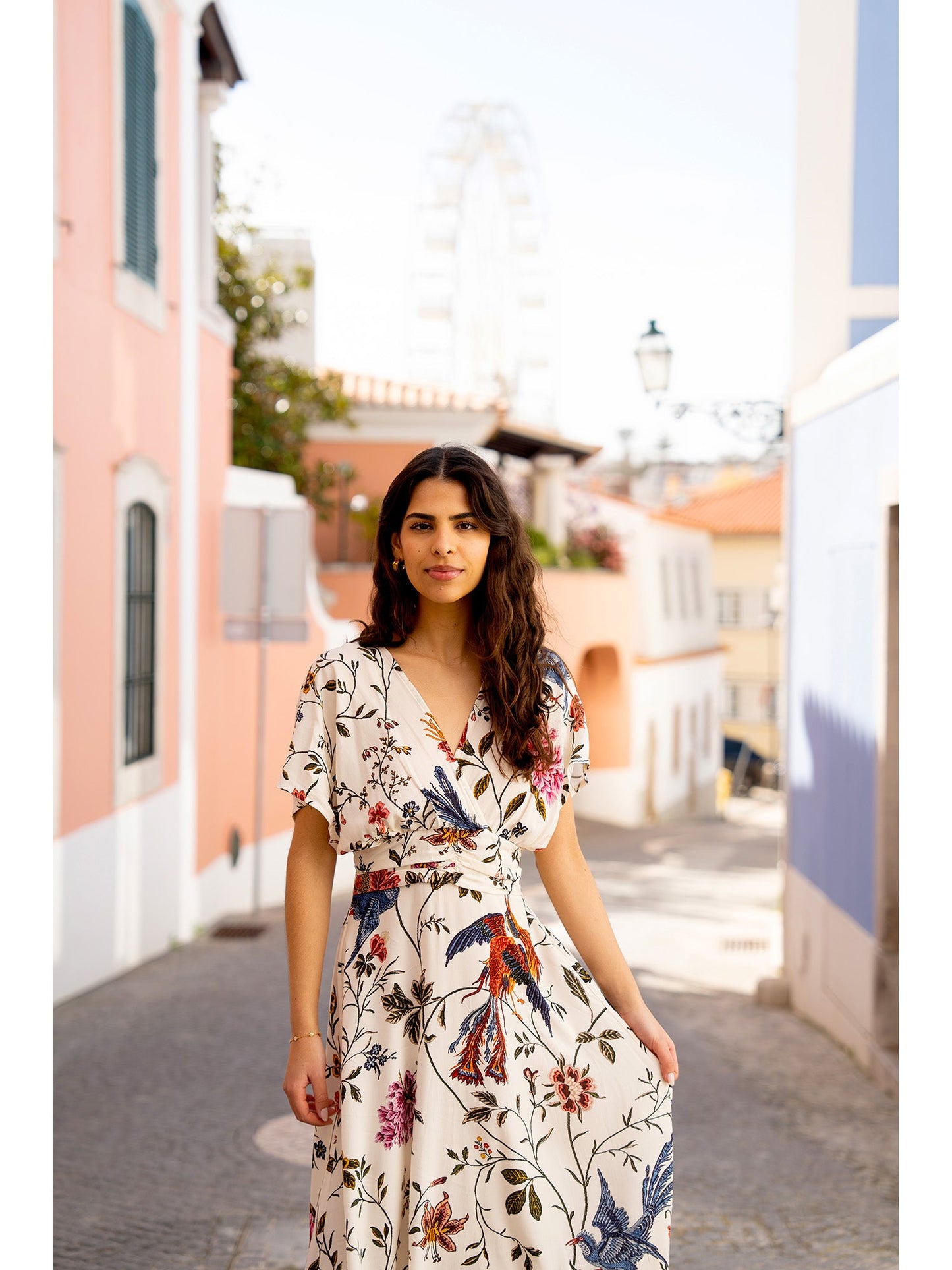 Yumi Ivory Bird and Floral Print Ruched Waist Kimono Midi Dress