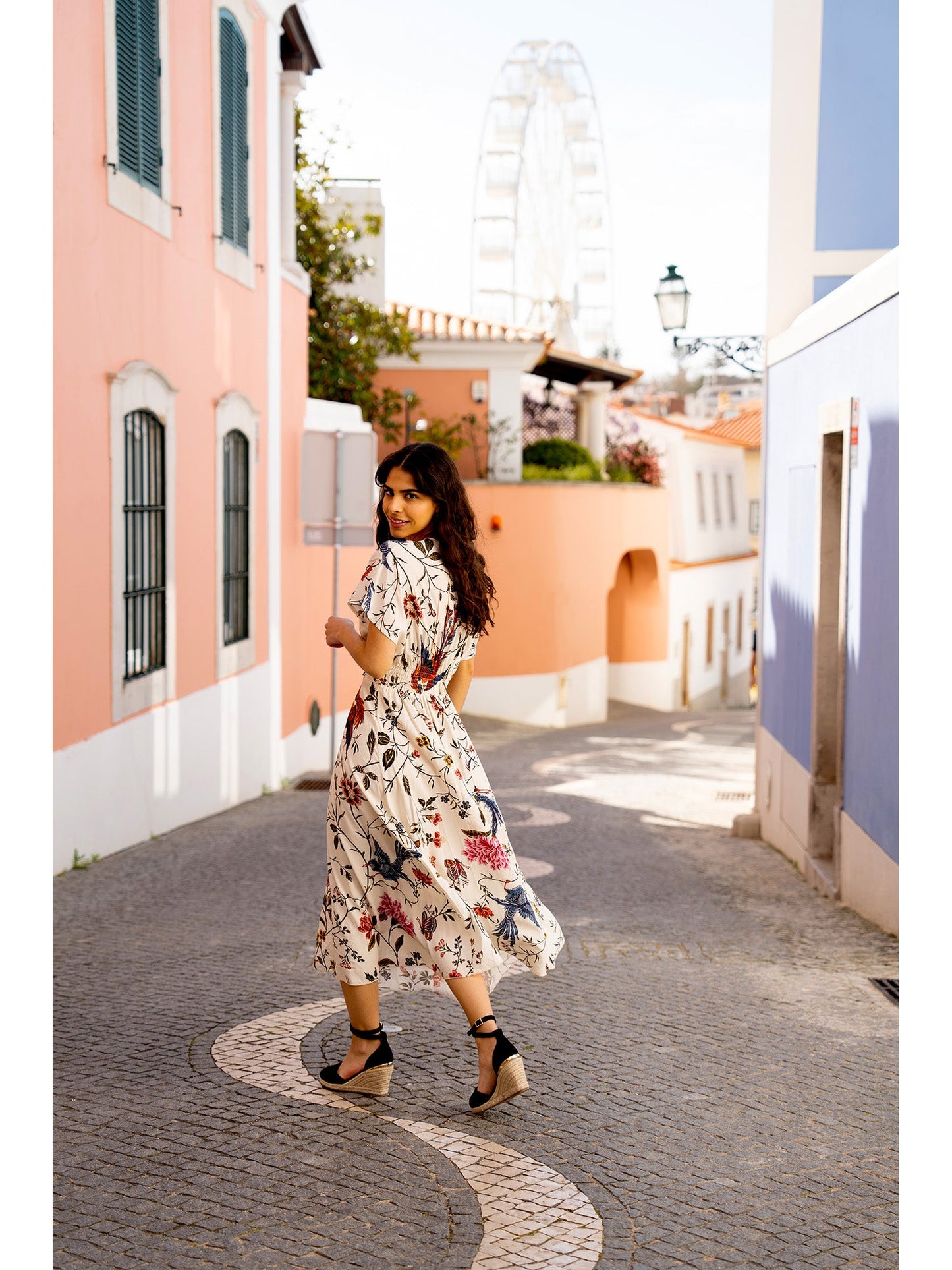 Yumi Ivory Bird and Floral Print Ruched Waist Kimono Midi Dress