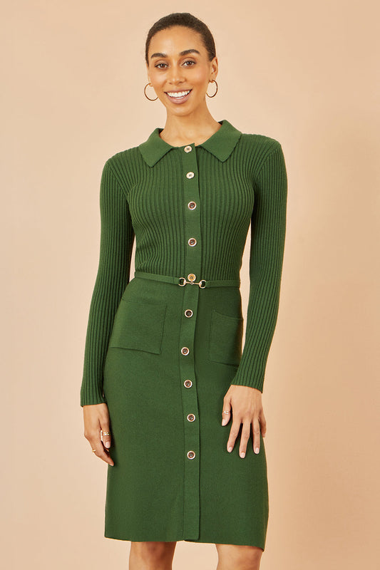 Yumi Green Rib Knit Midi Shirt Dress With Snaffle Belt