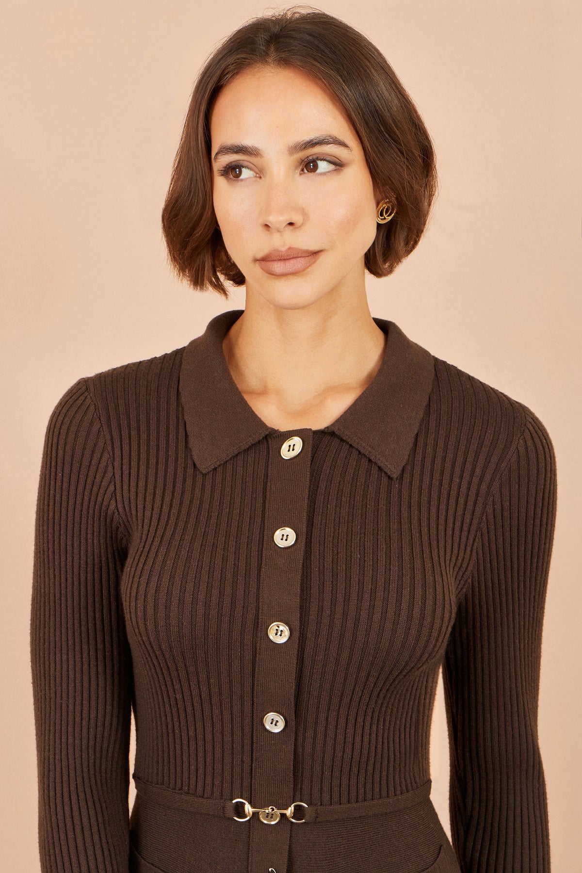 Yumi Brown Rib Knit Midi Shirt Dress With Snaffle Belt