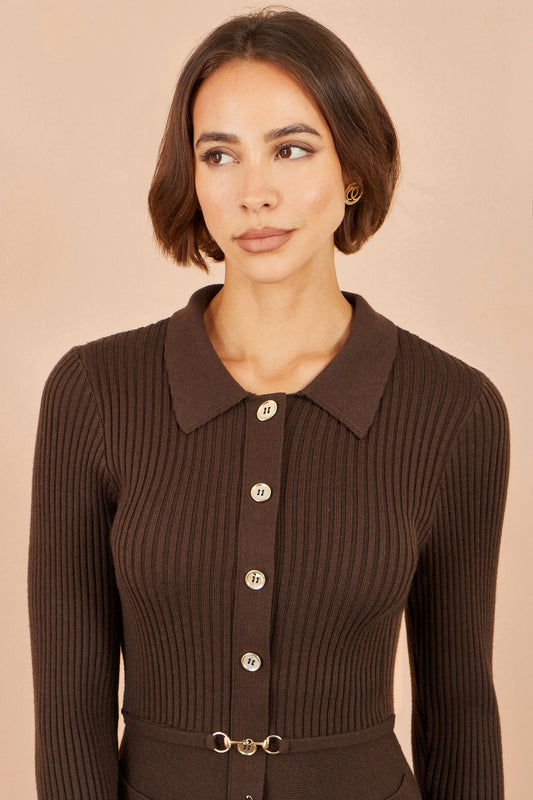 Yumi Brown Rib Knit Midi Shirt Dress With Snaffle Belt