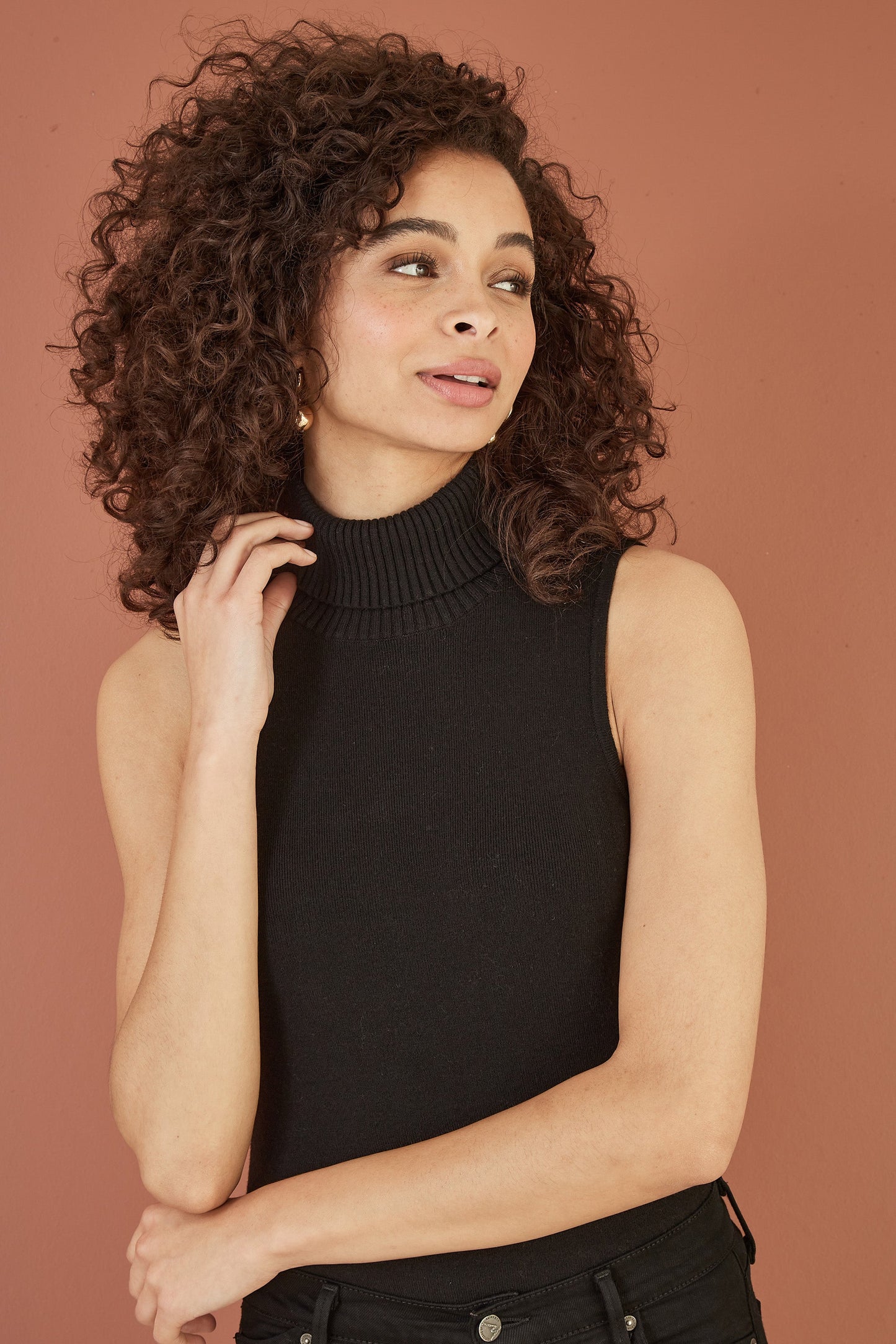 Yumi Black Knitted Roll Neck Sleeveless Jumper