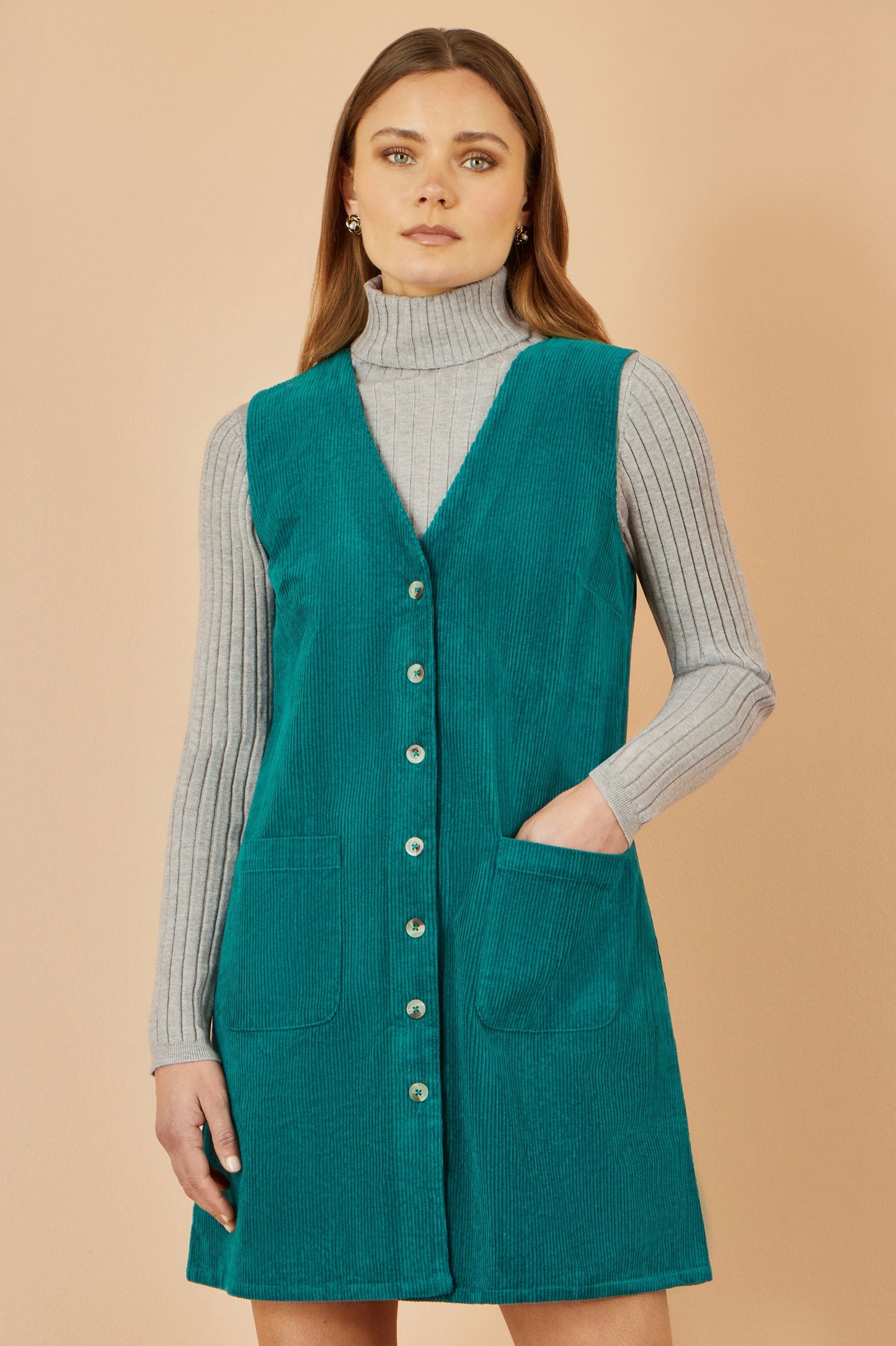 Yumi Teal Cord Button Through Pinafore Dress With Pockets