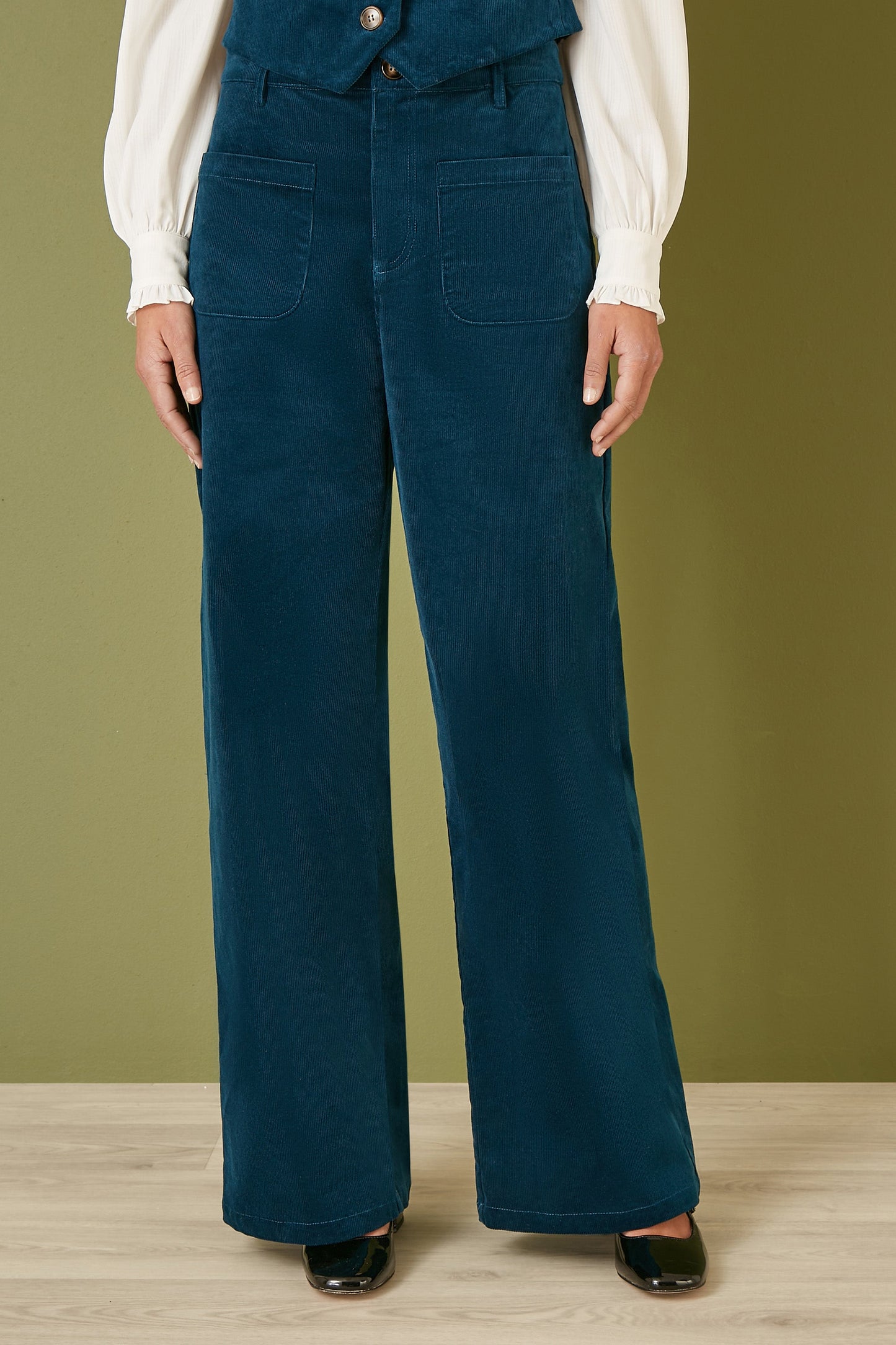 Yumi Teal Cord Trousers With Patch Pockets