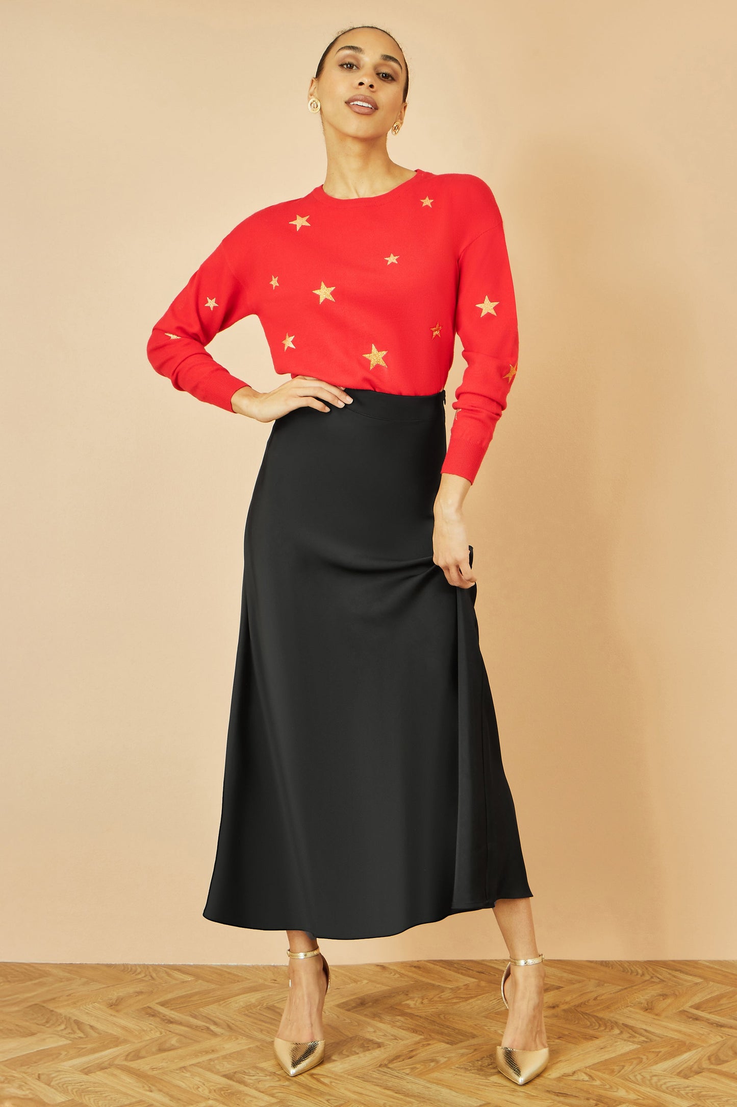Yumi Black Satin Midi Skirt