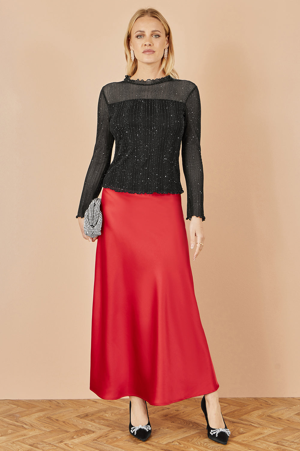 Yumi Red Satin Midi Skirt