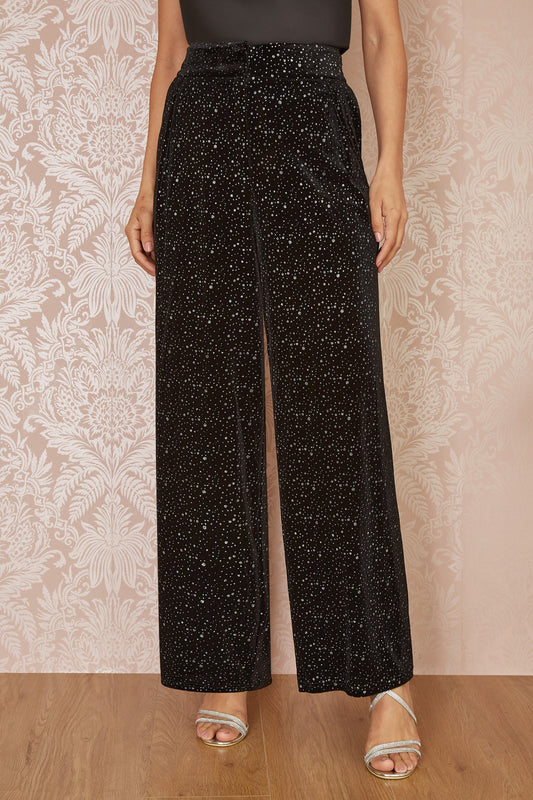 Yumi Black Velvet Sparkle Wide Leg Trousers