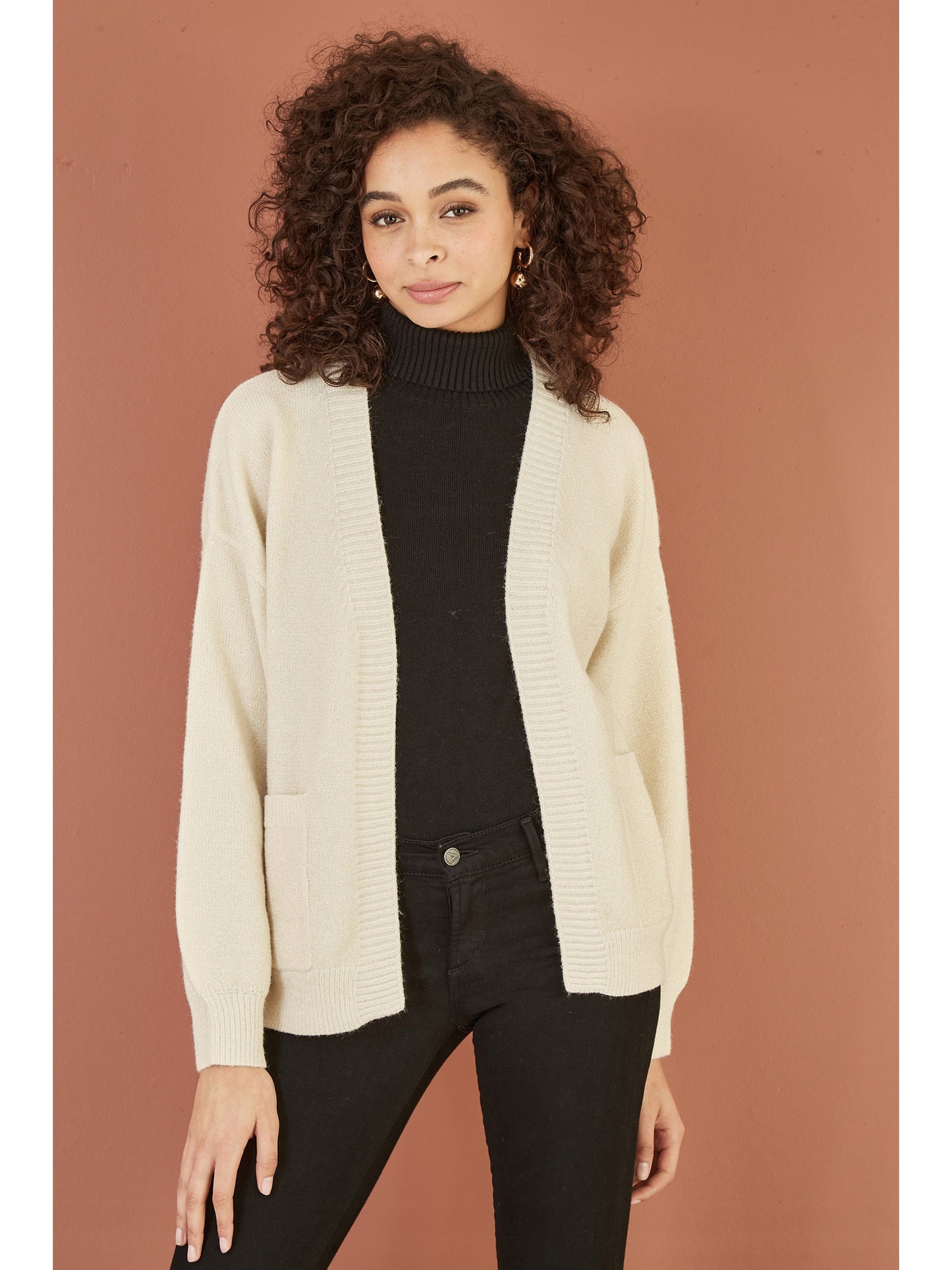 Yumi Ivory Metallic Slouchy Cardigan With Pockets