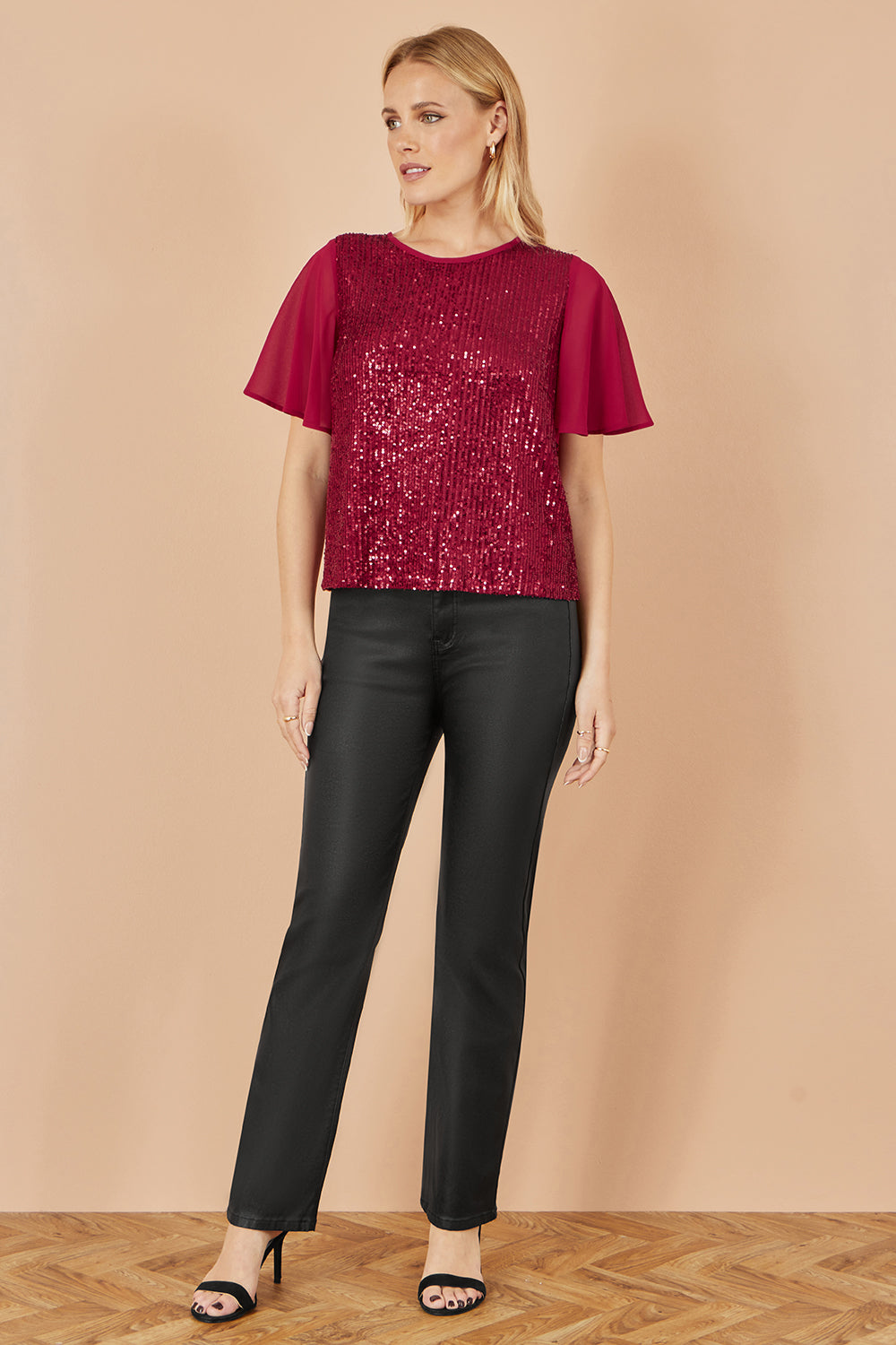 Yumi Burgundy Sequin Top With Sheer Sleeves And Cut Out Back