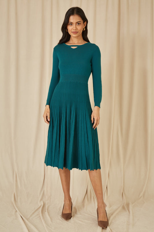 Yumi Teal Knitted Pleated Skater Dress With Notch Neckline