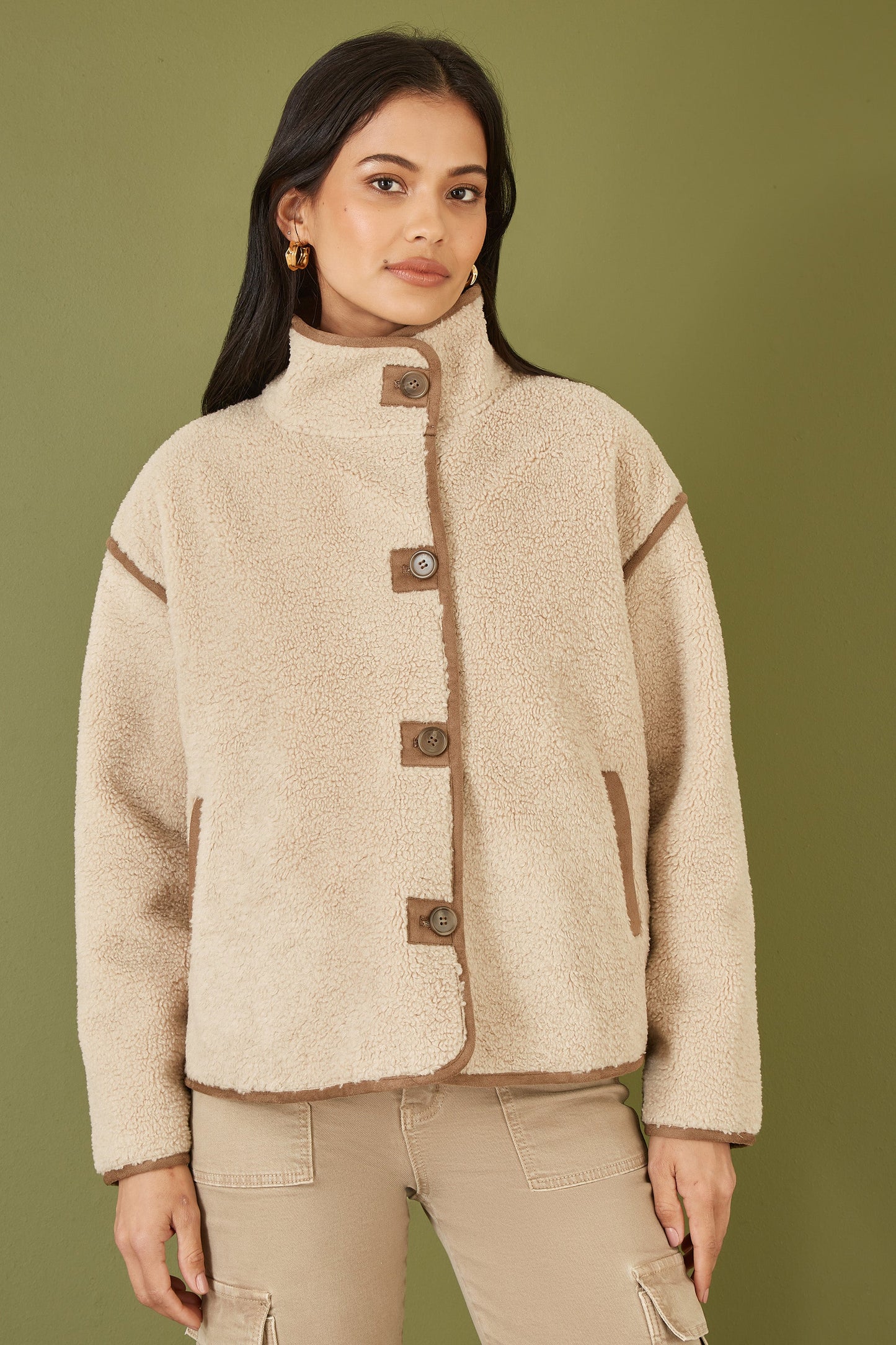 Yumi Cream Borg High Neck Jacket With Faux Leather Trims