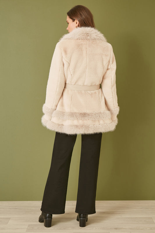 Yumi Cream Luxe Faux Fur Swing Coat With Tie Belt