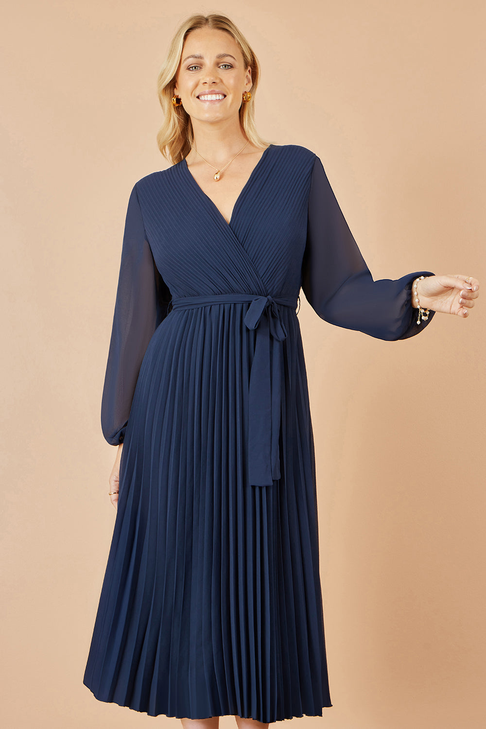 Yumi Navy Pleated Wrap Midi Dress With Sheer Long Sleeves