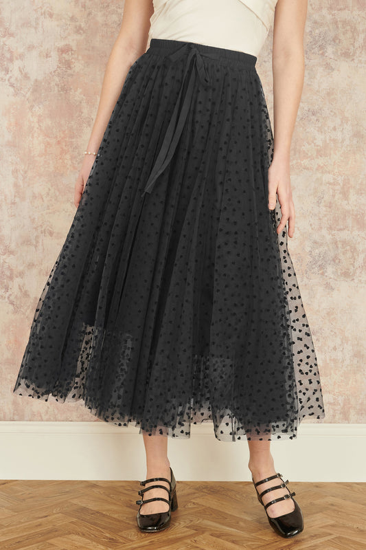 Yumi Black Mesh Heart Print Tulle Skirt