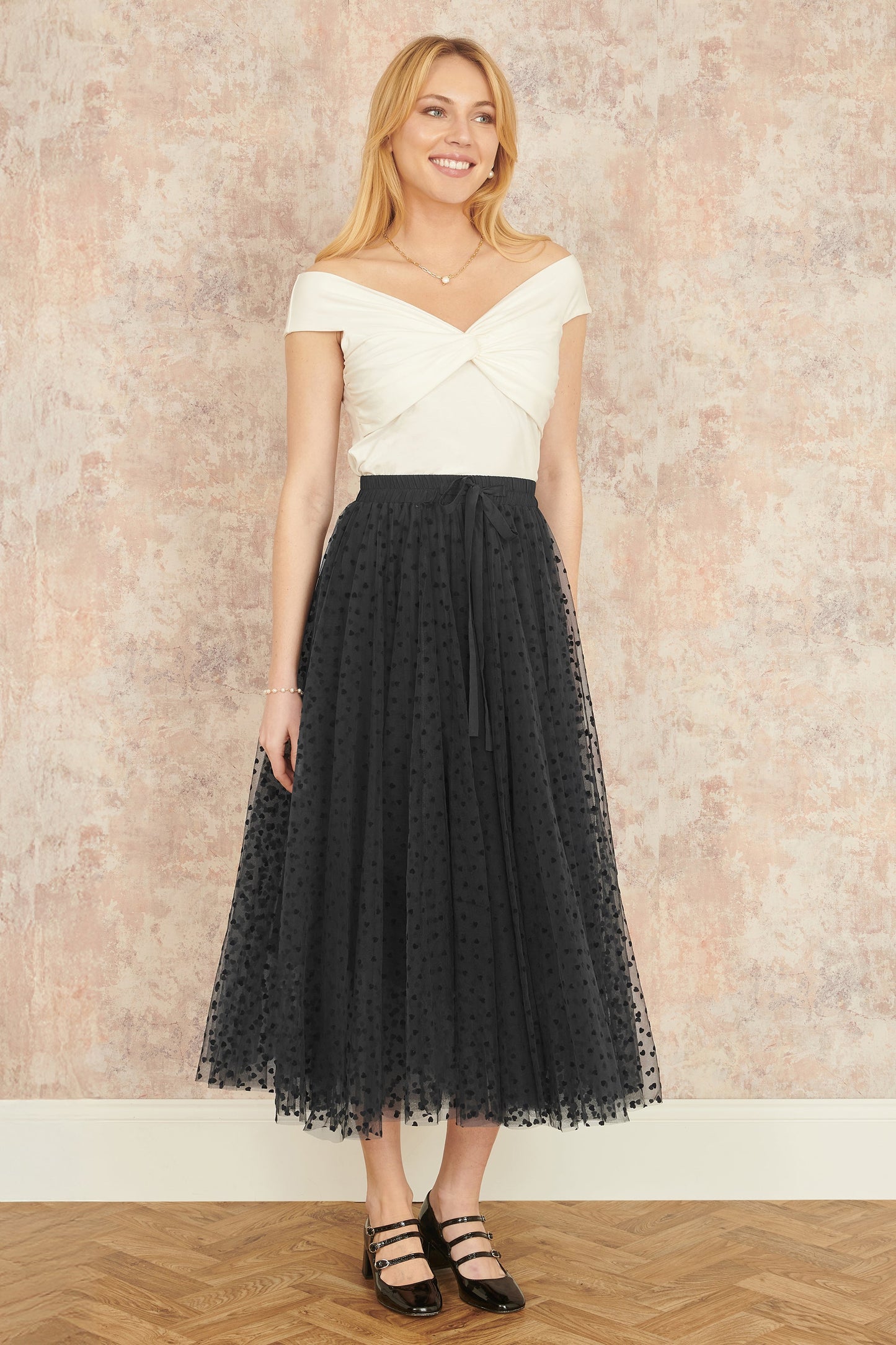 Yumi Black Mesh Heart Print Tulle Skirt