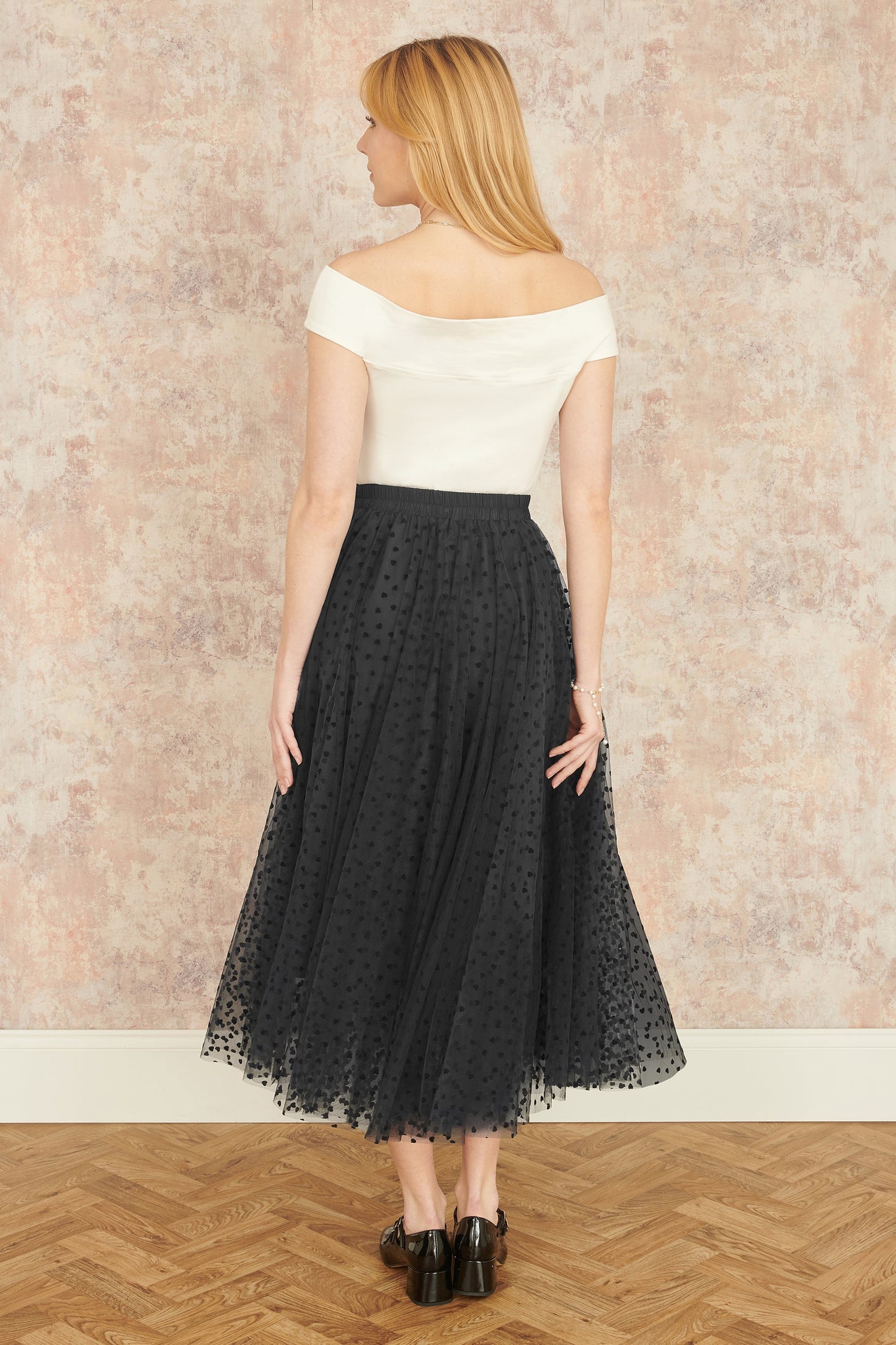Yumi Black Mesh Heart Print Tulle Skirt