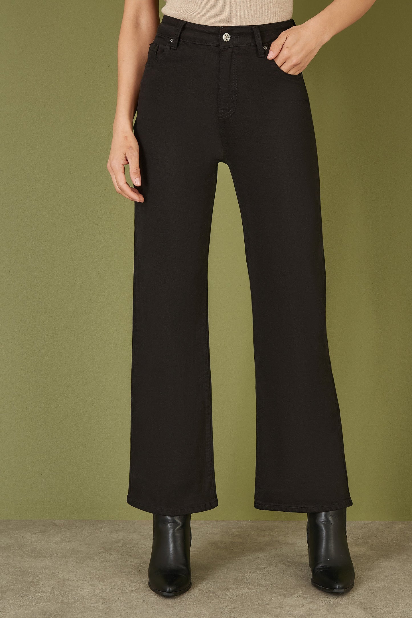 Yumi Black Stretch Canvas Wide Leg High Waist Jeans