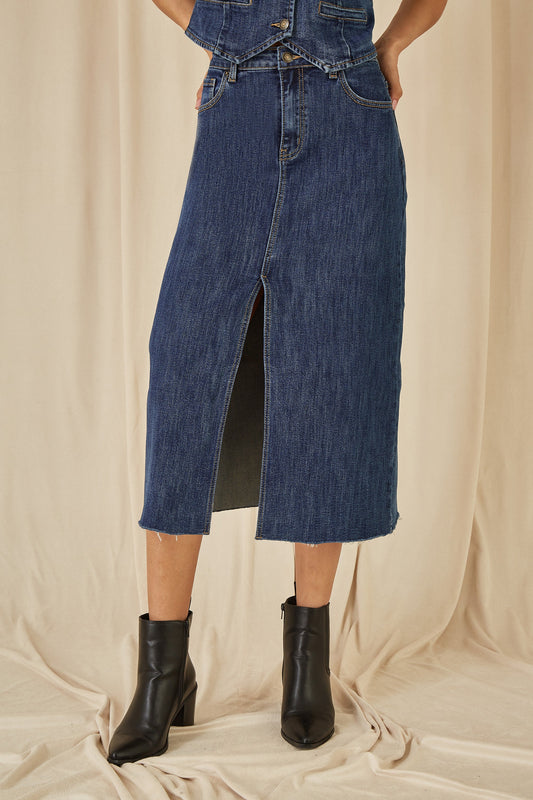 Yumi Blue Denim Stretch Fitted Midi Skirt With Front Split